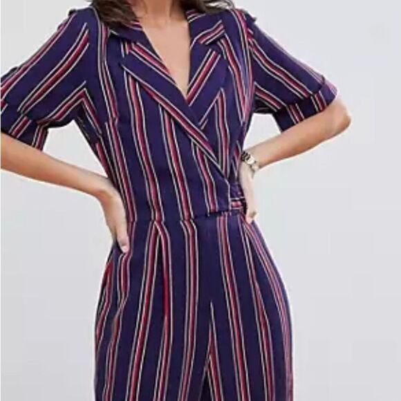ASOS Pantsuit Sz 0 V Neck Collar Short Sleeve Navy Blue Red Striped Side Belted - Picture 9 of 15